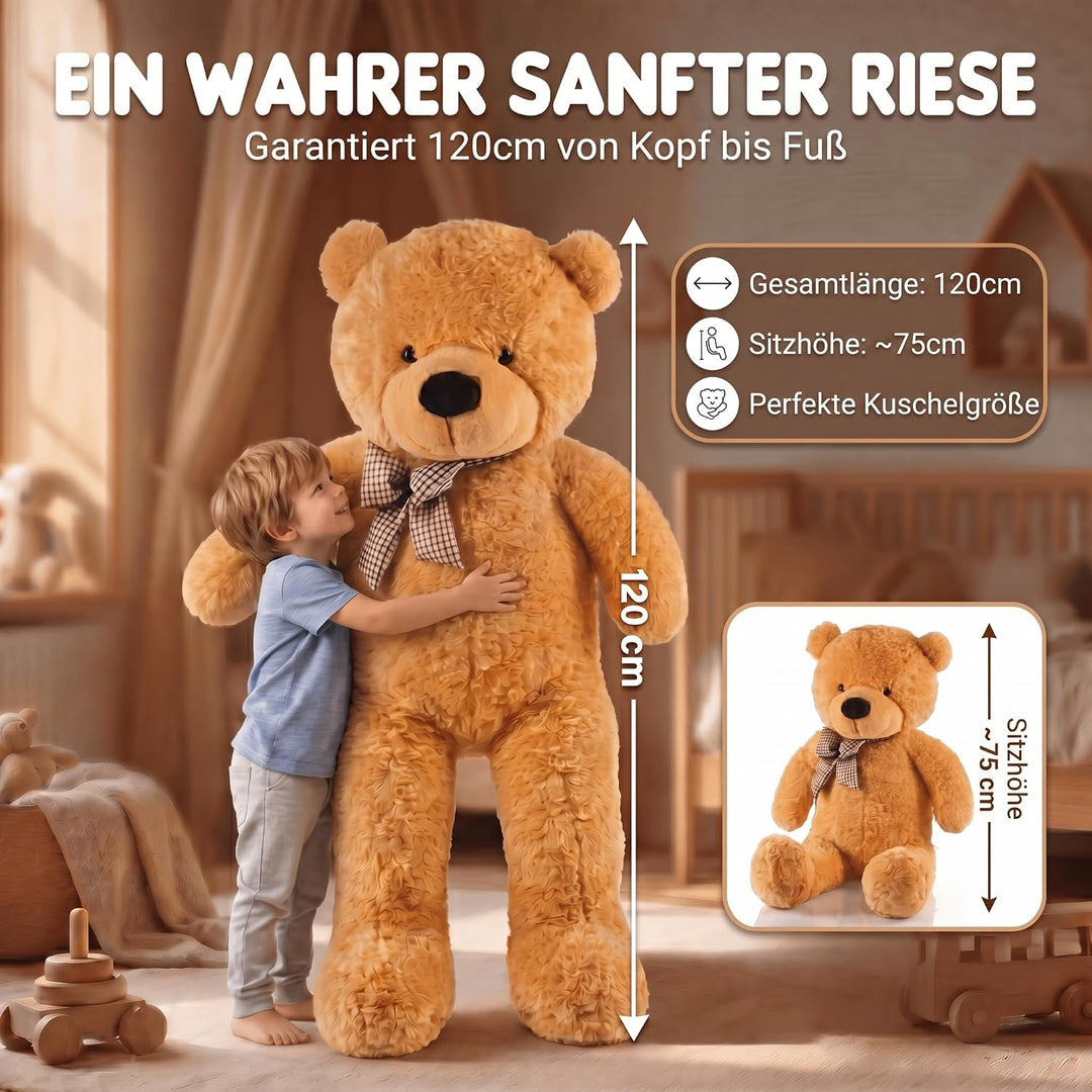 Feluna Riesen Teddybär XXL Kuschelbär 120 cm gross Plüschbär - Original Teddy Bär mit Schleife Hellb
