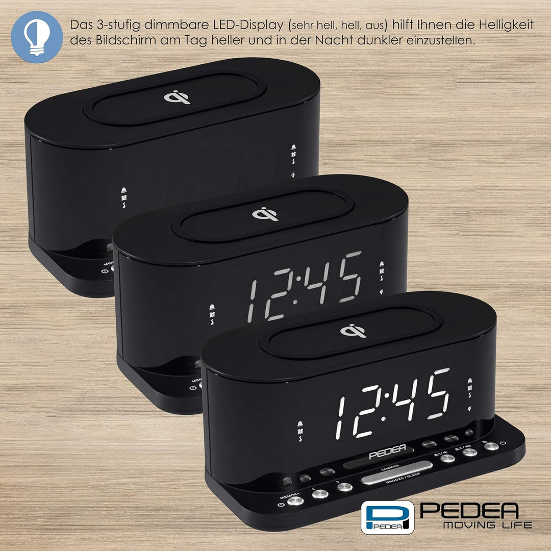 PEDEA FM Radiowecker mit induktiver QI-Ladefunktion und dimmbarem Display, Snooze, Dual Alarm und Sl