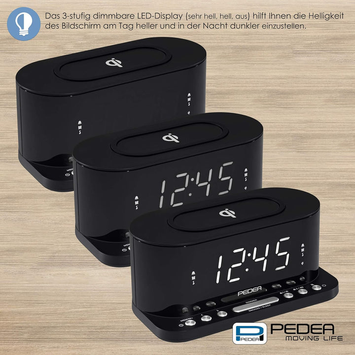 PEDEA FM Radiowecker mit induktiver QI-Ladefunktion und dimmbarem Display, Snooze, Dual Alarm und Sl