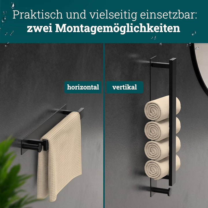 husman Handtuchhalter ohne Bohren | Edelstahl Matt Schwarz Gäste | Handtuchstange zum Kleben für Bad
