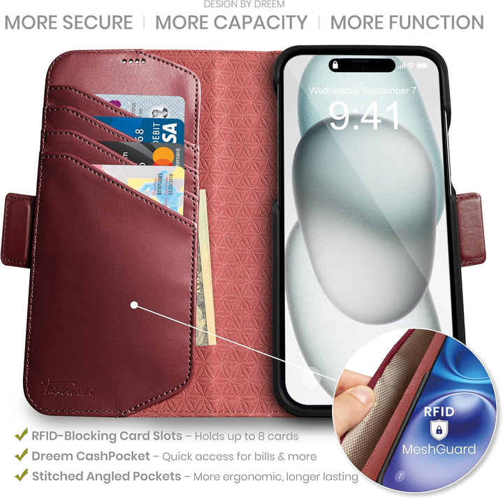 Dreem Fibonacci iPhone 15 Brieftaschen-Etui / 2-in-1 stossfestes Etui und abnehmbares Folio aus vega