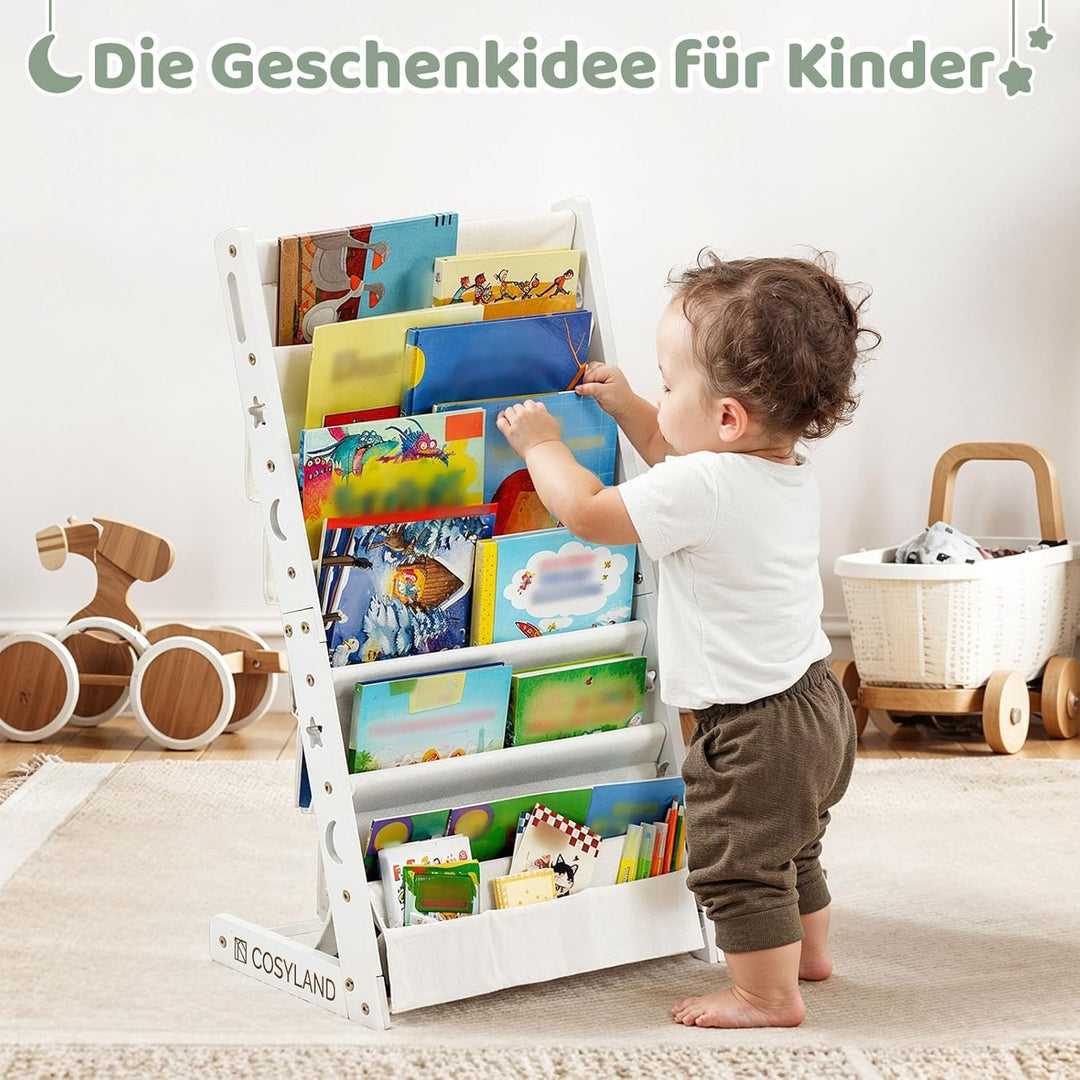 COSYLAND Bücherregal Kinder mit 6 Oxford-Stoff Fächern - Kinderbücherregal aus Naturholz - Bücherreg