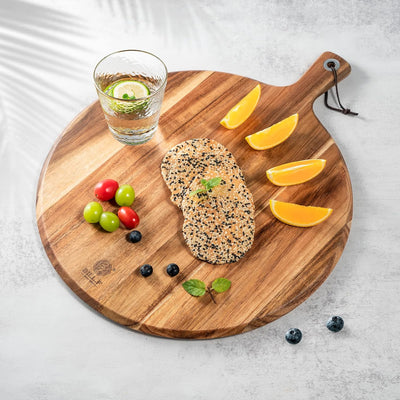 BILL.F Pizzaschieber aus Holz, 40,01 cm, rundes Schneidebrett mit Griff, Pizzabrett für Küche, Charc