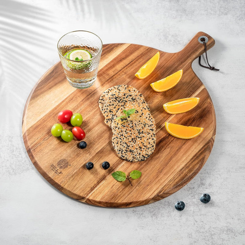 BILL.F Pizzaschieber aus Holz, 40,01 cm, rundes Schneidebrett mit Griff, Pizzabrett für Küche, Charc