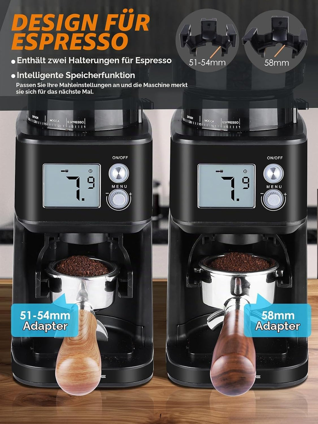 Homtone Elektrische Kaffeemühle für Siebträger, 51 einstellbare Mahlgrade, Kaffeemühle mit Grossem D