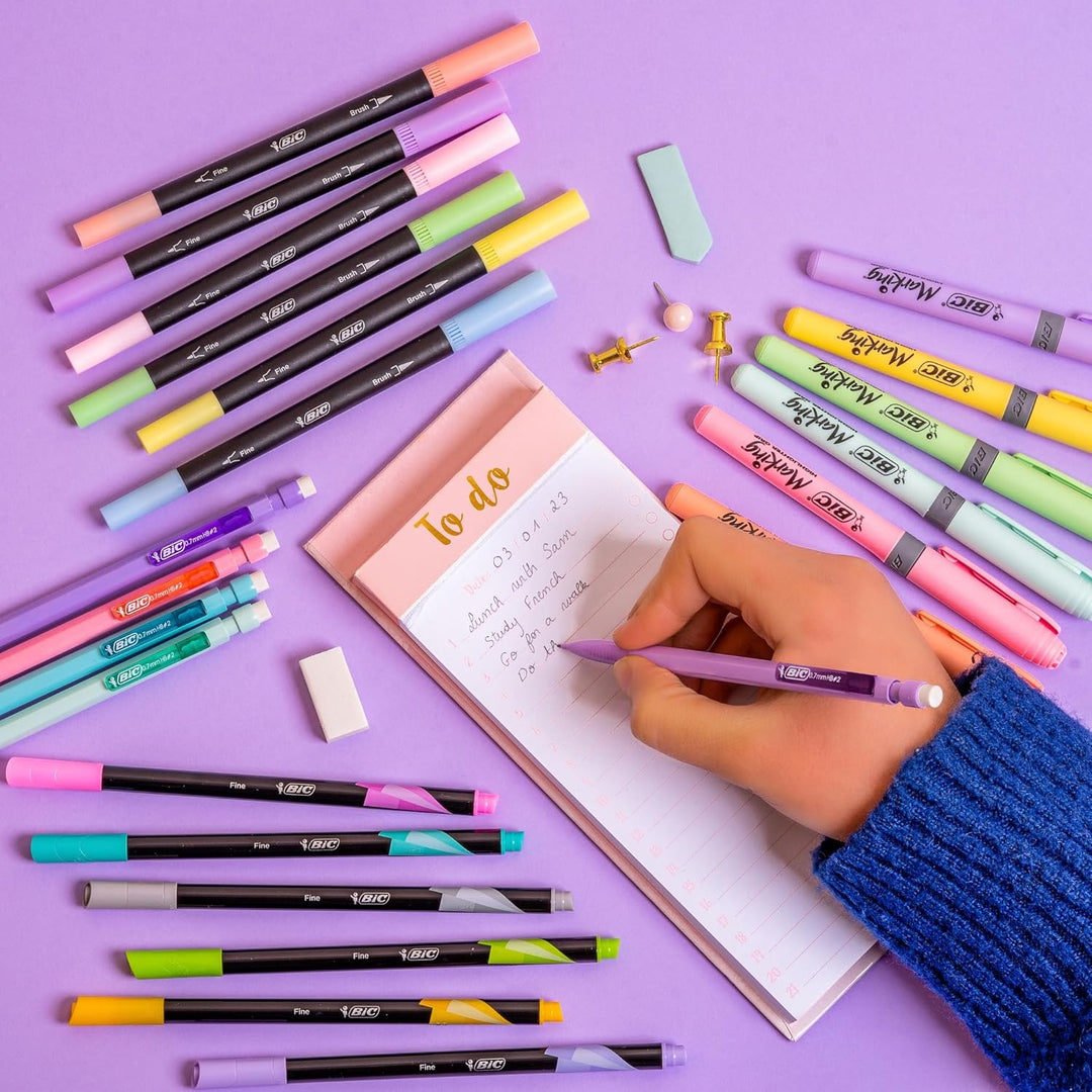 BIC Schreibwaren Set Pastell à 23: 6 Textmarker, 5 Fineliner, 6 Bleistifte, 6 Dual Tip Brush Pens, j
