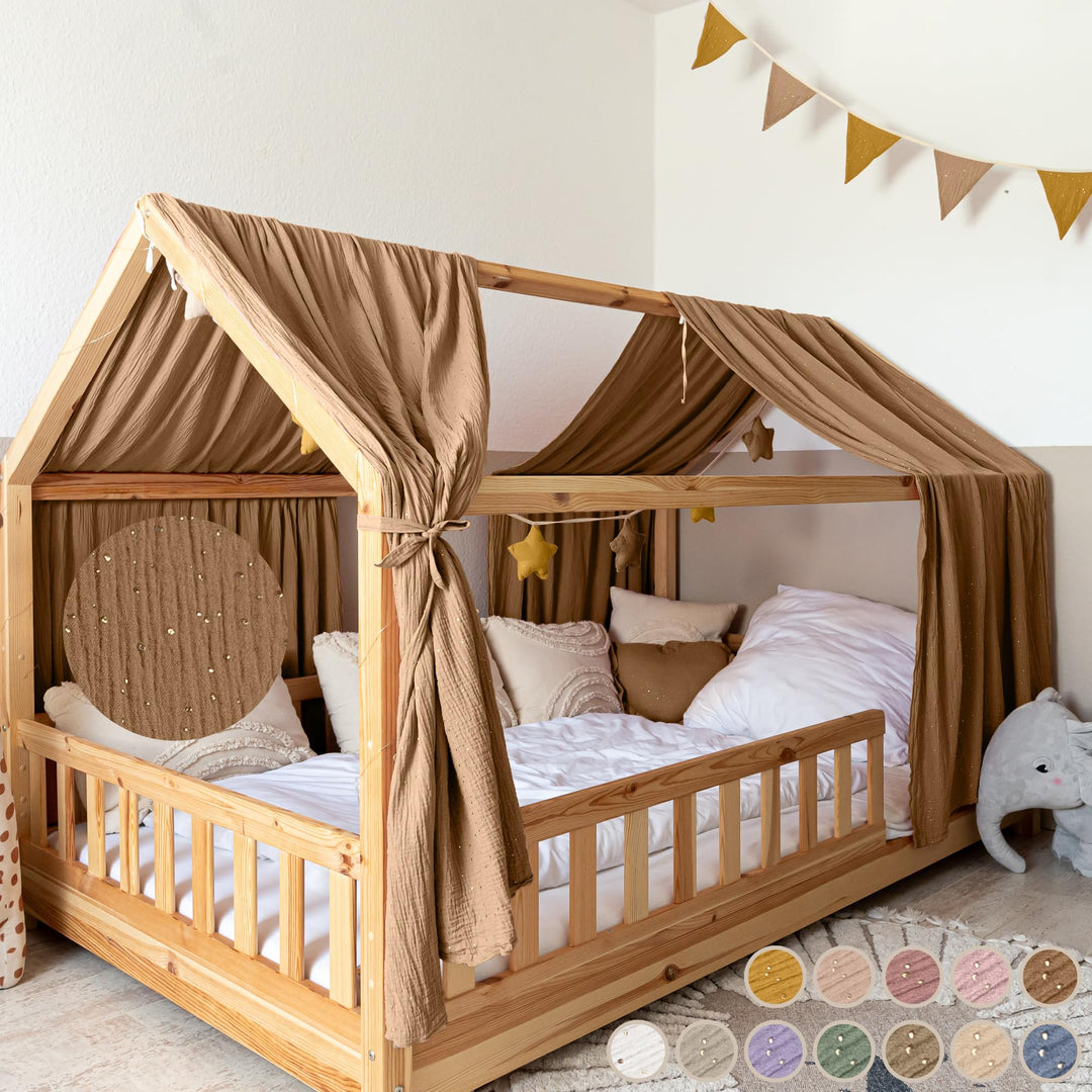 Hausbett Himmel mit Gold Applikation [in 12 Farben] Betthimmel Hausbett aus 100% Baumwolle Musselin