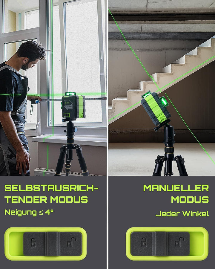 LasGoo LG-3DMAX 3x360° grüner Laser-Wasserwaage, 3D selbstnivellierend, 2 wiederaufladbare Batterien