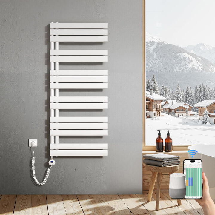 Heilmetz Badheizkörper Elektrisch 1385 x 600mm Weiss mit WIFI Smart Heizstab 800W, Flach Handtuchwär