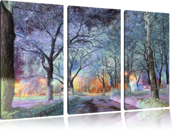 Pixxprint Baumallee im Winter Bunstift Effekt 3-Teiler Leinwandbild 120x80 Bild auf Leinwand