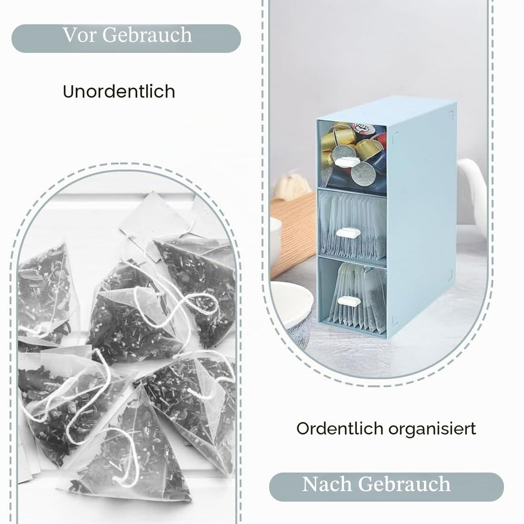 Teebox mit 3 Schubladen Tee Organizer Stapelbar Aufbewahrungsbox für Teebeutel Kaffeepads Teeaufbewa