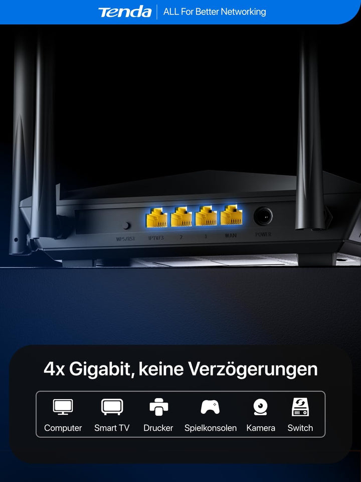 Tenda AC10 Dualband WLAN Router (867 Mbit/s bei 5 GHz + 300 Mbit/s bei 2,4 GHz) 4-Gigabit-LAN/WAN-Po