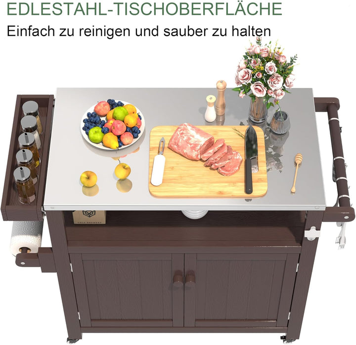 Grillwagen für den Aussenbereich mit Edelstahlplatte, wetterfester HIPS-Gartenwagen mit Aufbewahrung