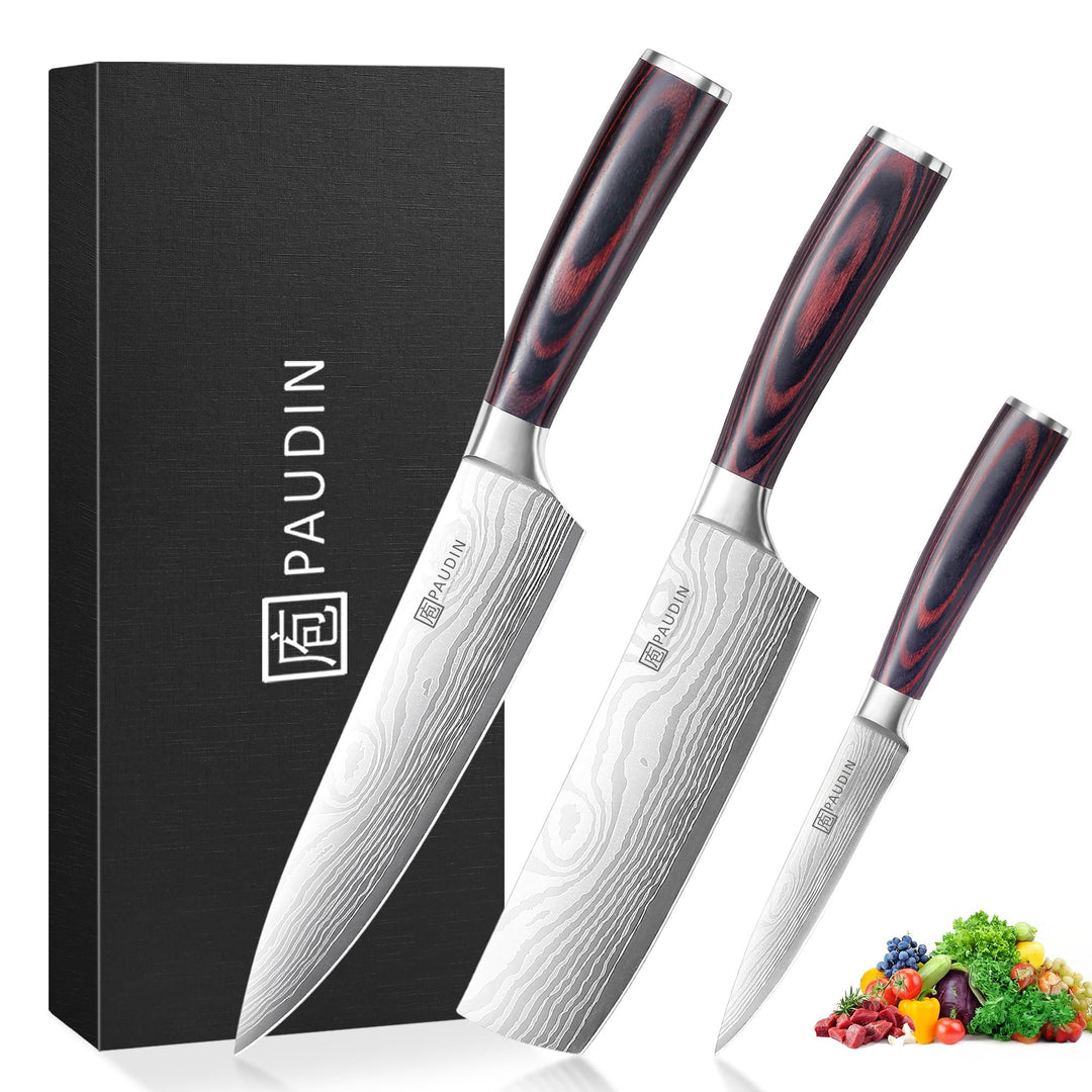 PAUDIN Küchenmesser Set, 3-tlg Messerset aus hochwertigem Carbon Edelstahl, Ultra Scharfes Messer se