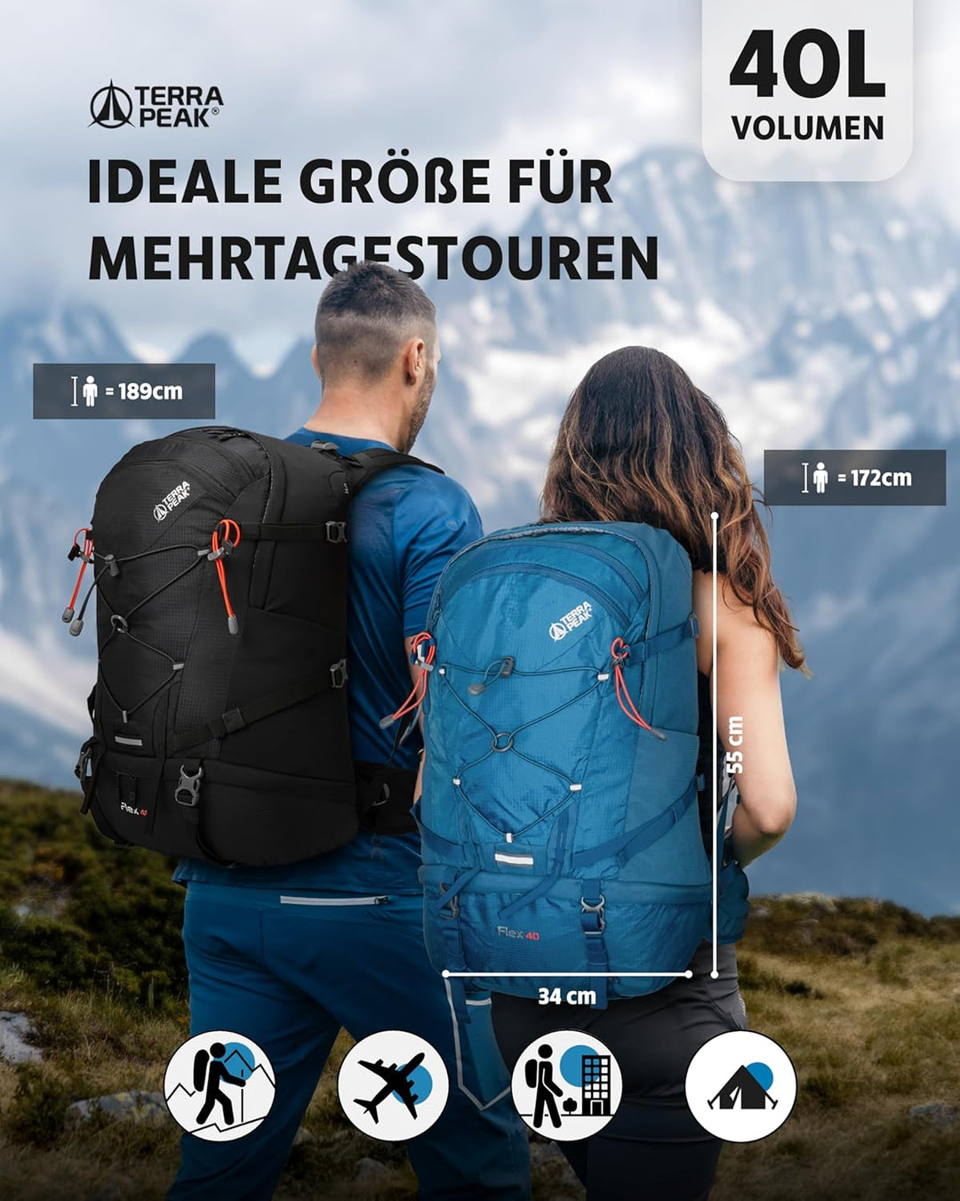 Terra Peak® Premium Wanderrucksack 40L (FLEX 40) für Damen & Herren gross mit Rückenbelüftung, Regen