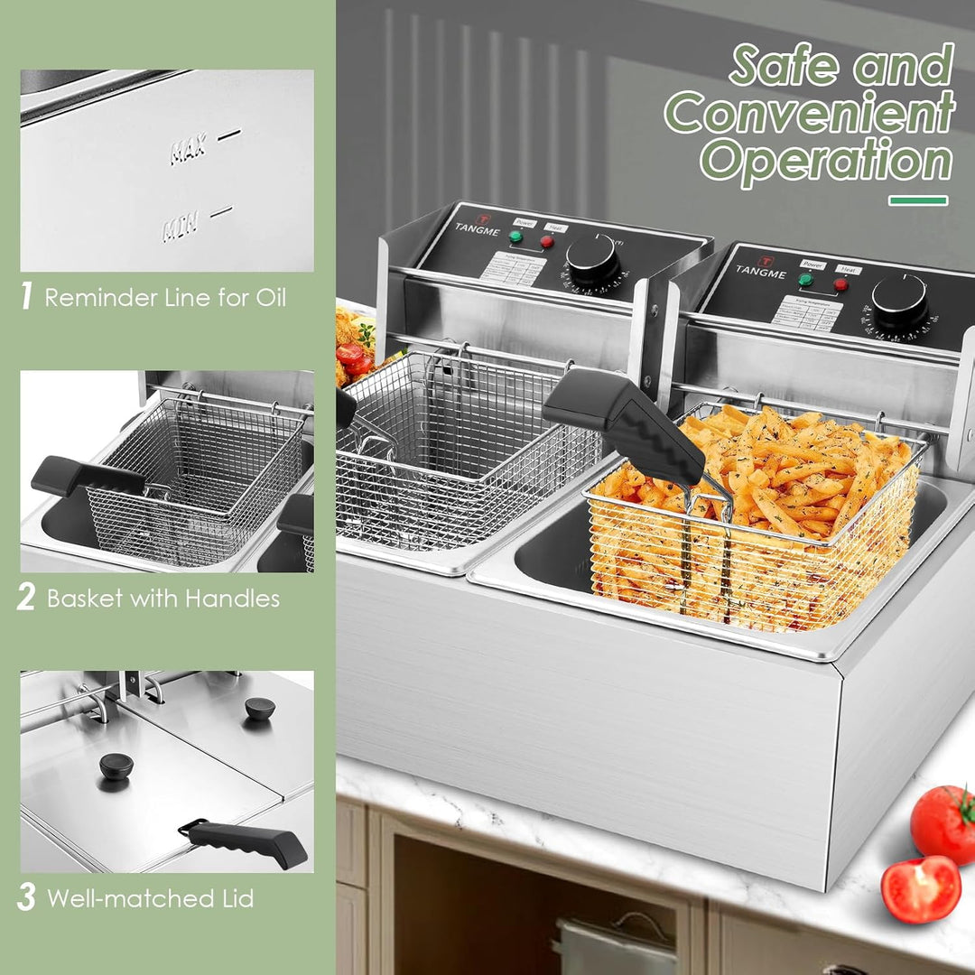 TANGME Kommerzielle Fritteuse, 5000W Elektrische Fritteuse mit 2x6L Körben 0,8mm Edelstahl Doppelter