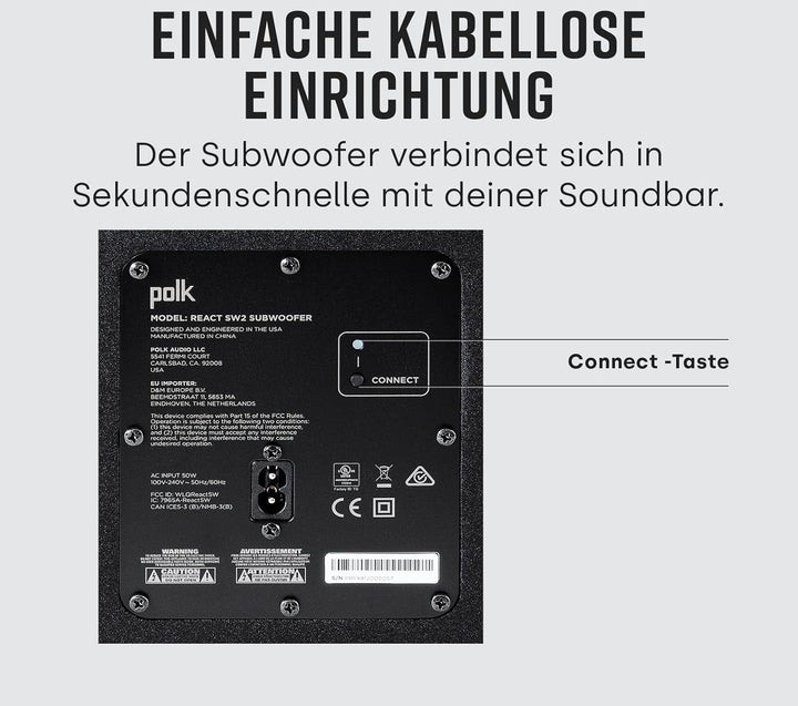 Polk Audio React Sub, kabelloser Subwoofer für die Polk React Soundbar, React Soundbar