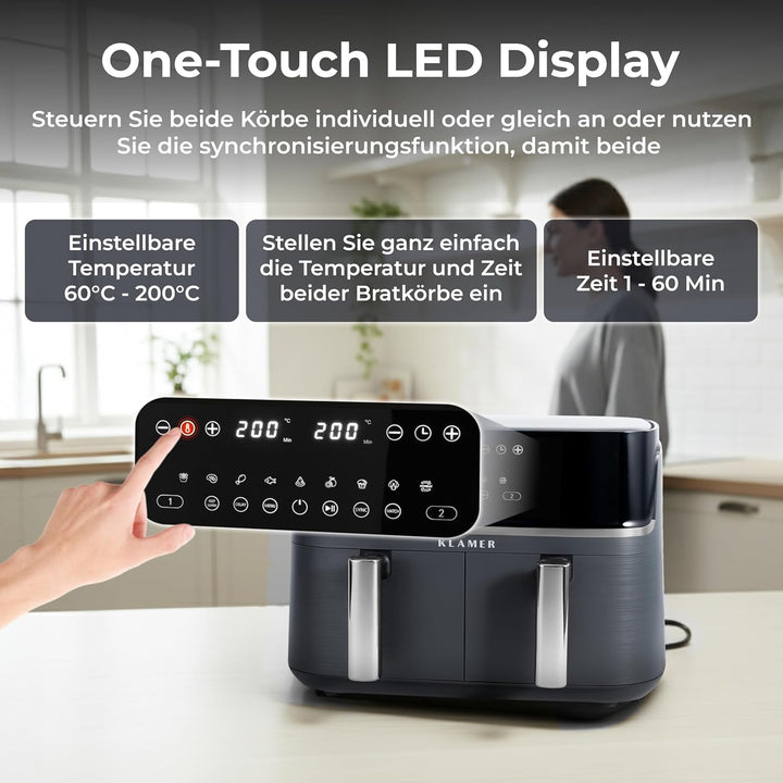 KLAMER Heissluftfritteuse Duo 9 L – Doppelkammer Airfryer mit 2 Körben & Digitaldisplay, 10 Automati