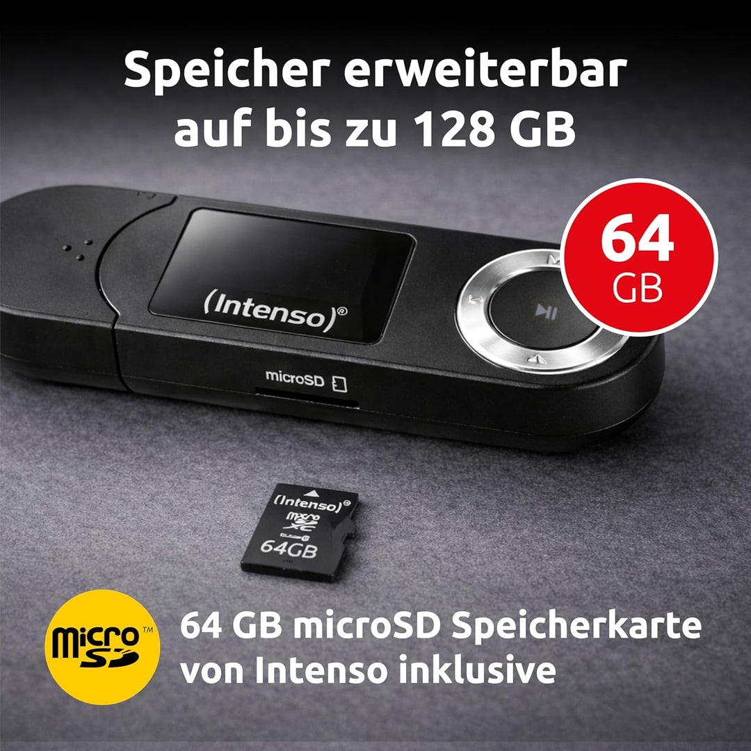 Intenso Music Walker MP3 Player 64 GB mit LCD Display, microSD Karte, USB 2.0, AAA Batterie, Kopfhör