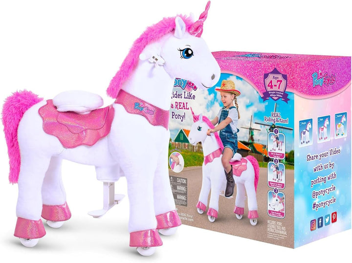 PonyCycle® Einhorn auf Rollen | für Kinder 4–7 Jahre, 90cm | Rosa Plüsch Reitpferd mit Handbremse |