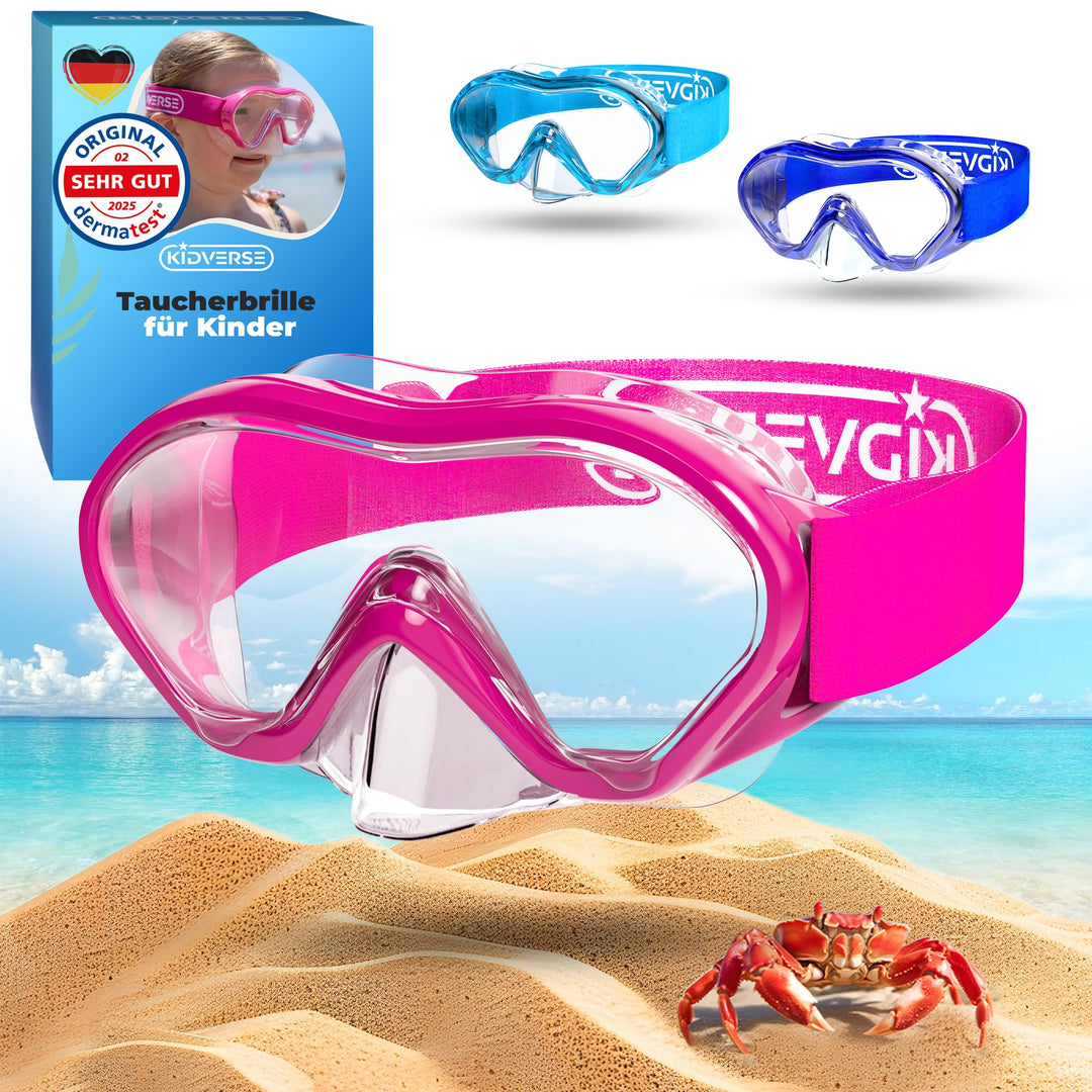KIDVERSE Taucherbrille Kinder mit Nase - CE & Dermatest geprüfte Kinder Taucherbrille mit Stoffband