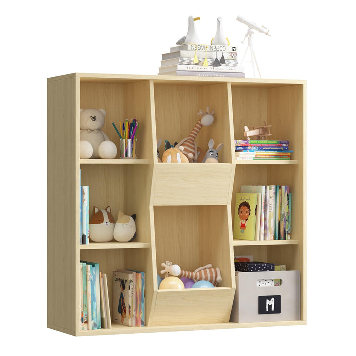 NACHES Bücherregal Kinder Bücher Aufbewahrung 90 x 30 x 90cm (Weiss) (Natur) | , Kinderregal mit 8 O