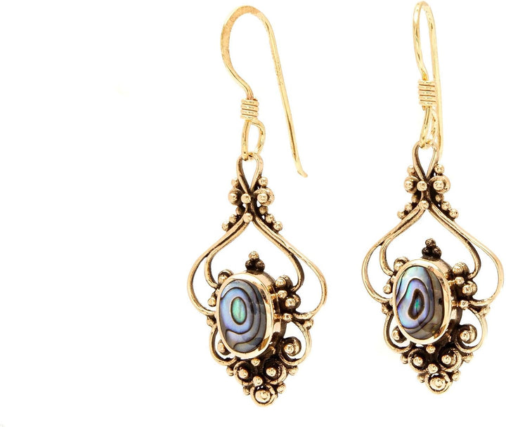 WINDALF Bohemia Ohrschmuck SALIA 5 cm Pauamuschel mit Blumen-Ornamentik Ohrhänger Bronze