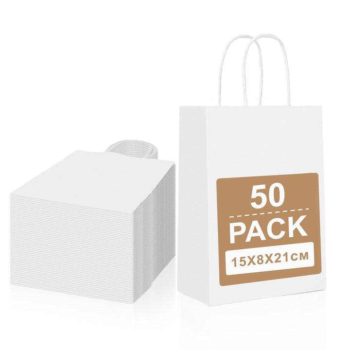 Gucass 50 Stück Klein Papiertüten mit Henkel, Weiss Kraft Papiertaschen Geschenktüten, 15x8x21cm Pap