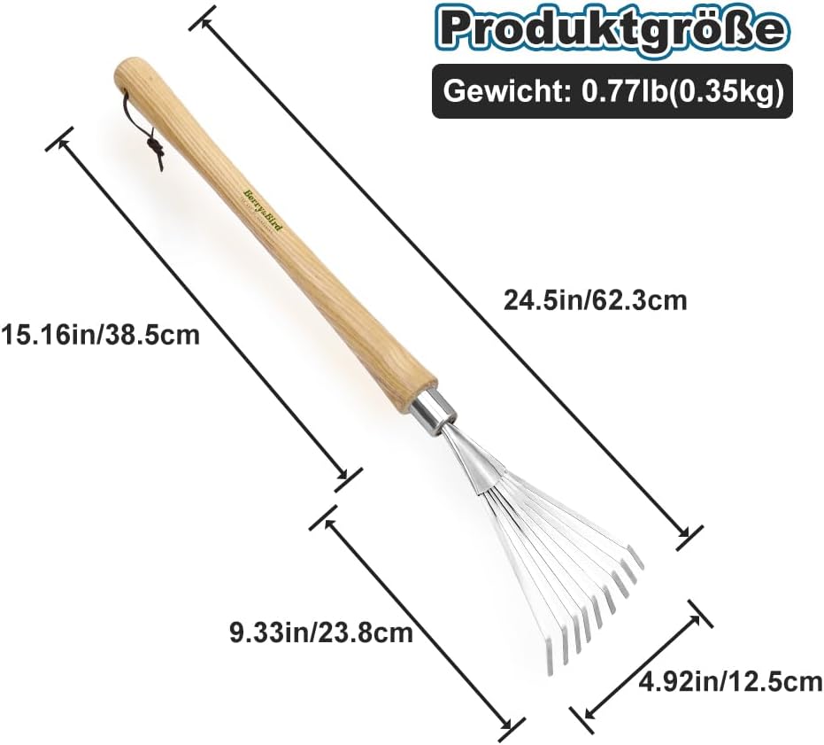 Berry&Bird Hand-Fächerbesen lang 63,2 cm - Rechen mit Stiel aus Eschenholz, Gartenwerkzeug mit 9 Fla