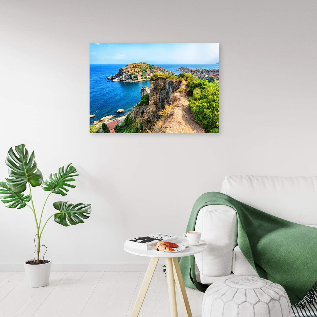 Feeby Leinwandbild Stadt am Meer Bild Kunstdruck Landschaft Blau 70x50 cm