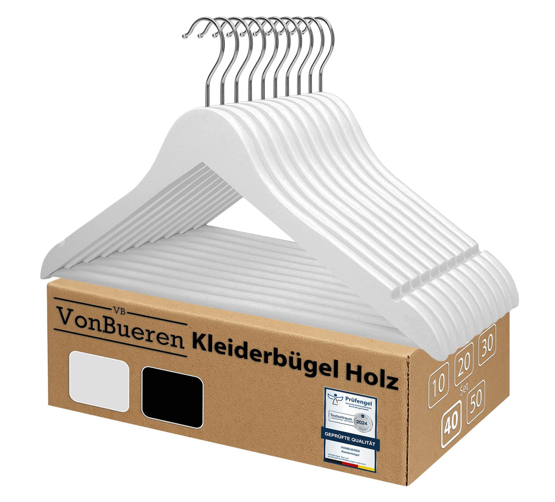 40 x Kleiderbügel Holz weiss VonBueren | 44,5 x 22 cm je Bügel/Holzbügel | Holzkleiderbügel Weiss |