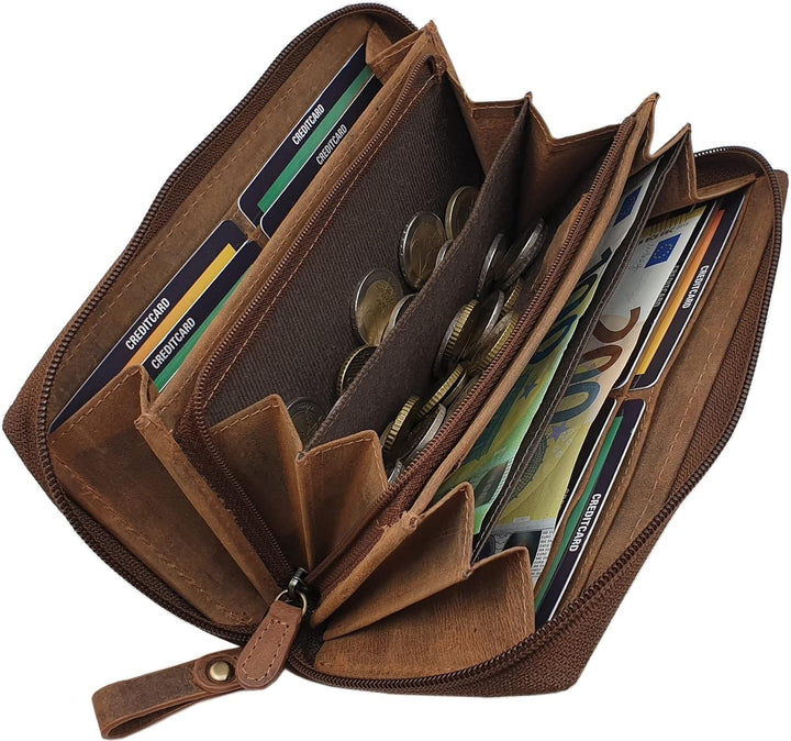 Grosse Büffel-Vollleder Damen Geldbörse/Geldbeutel/Portemonnaie/Geldtasche mit Colibri-Motiv oder oh