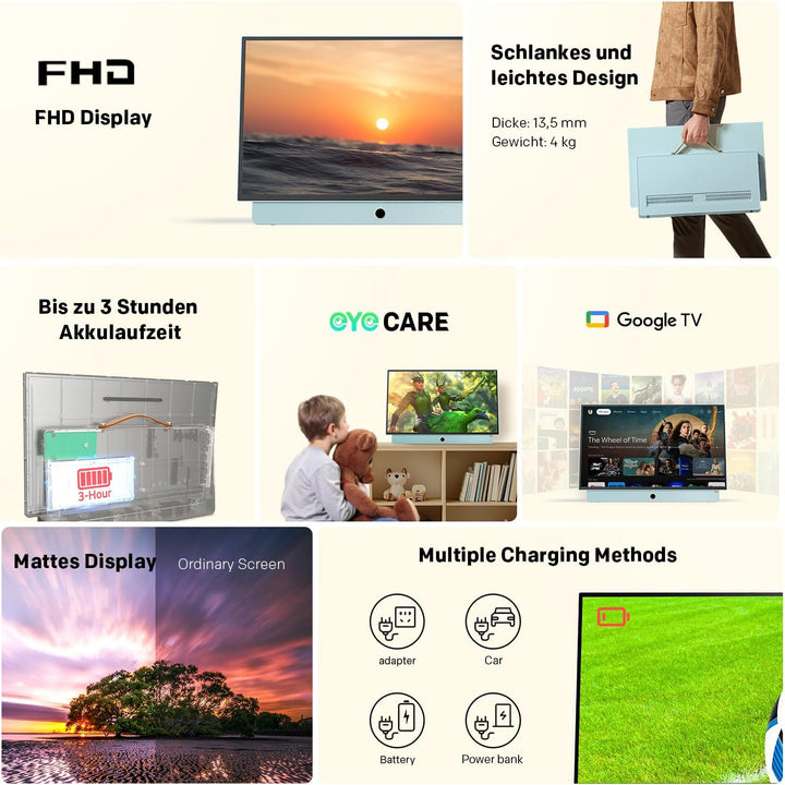 METZ Blue Tragbarer Fernseher 24 Zoll (60 cm) Google TV FHD mit Akku, 12V Auto-Ladegerät, Blendfreie