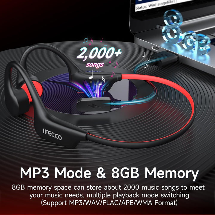 IFECCO Knochenschall Kopfhörer Schwimmen IP68 wasserdichte MP3-Player 8GB | Bluetooth 6.0, Open Ear