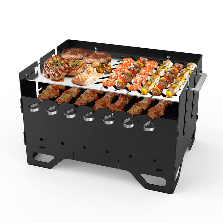 Onlyfire Mobiler Mangal Kohlegrill | Schaschlik Grill mit Plancha Grillplatte & 7 Spiesse, 2 in 1 Tr