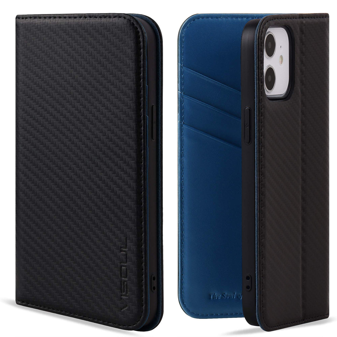 VISOUL iPhone 12 Mini Hülle,Handyhülle iPhone 12 Mini [Echtleder] [3 Kartenfächer] [TPU] [Magnet] [S