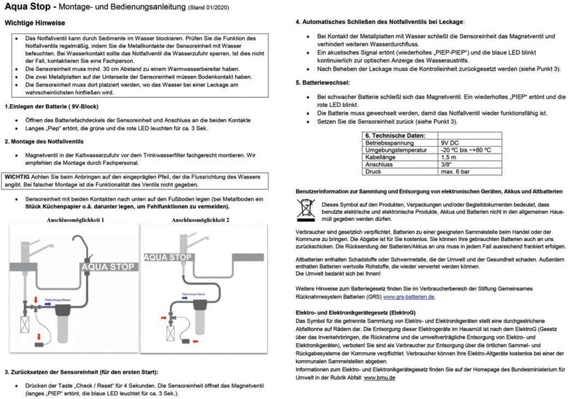 Wassermelder mit Abschaltung, automatisches Magnet-Absperrventil 3/8 Zoll, schliesst sofort bei Wass