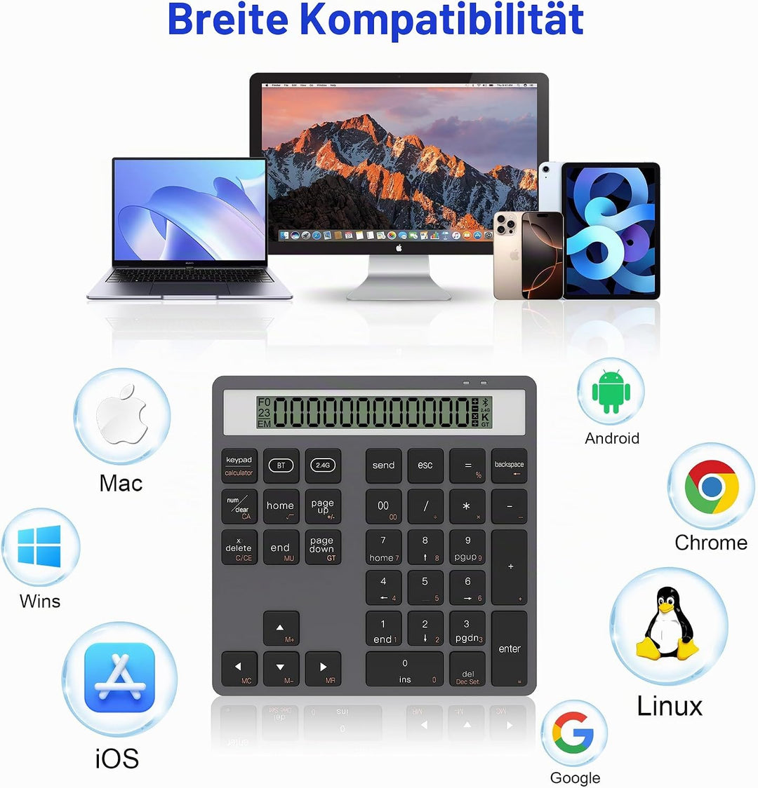 2-in-1 Ziffernblock mit Taschenrechner, 34 Leise Tasten Bluetooth 5.0&amp;2.4G Numpad für Windows/Mac/iO