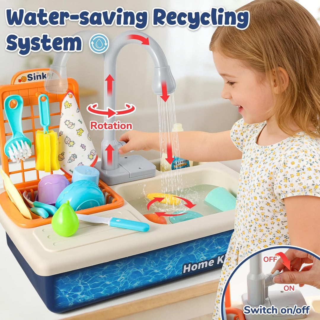 Mini Tudou Kinderwaschbecken Spielzeug,Spielspüle Spielzeug mit Automatischem Wasserzyklus-System, E
