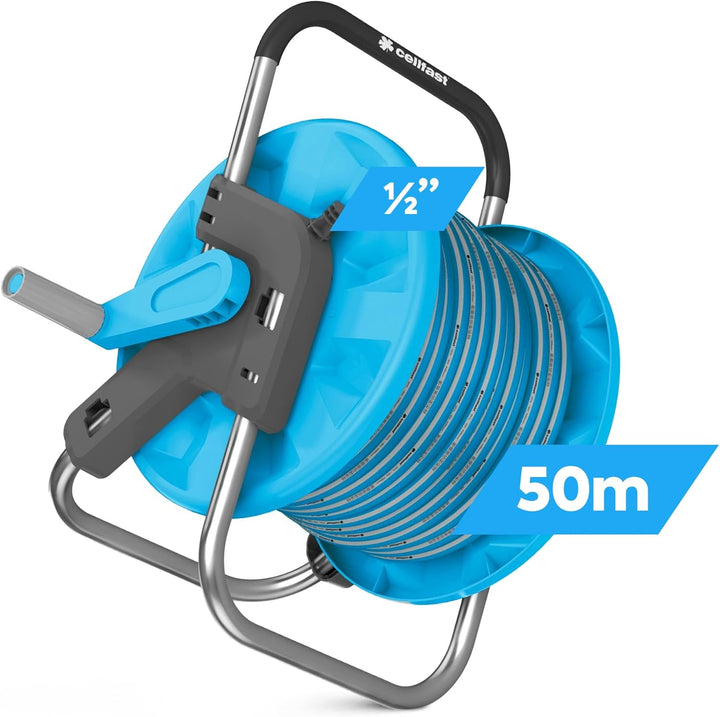 GARTENSCHLAUCH SCHLAUCHTROMMEL WASSERSCHLAUCH 1/2" 50M MIT GARTENBRAUSE & KUPPLUNG ANSCHLUSS SET CEL