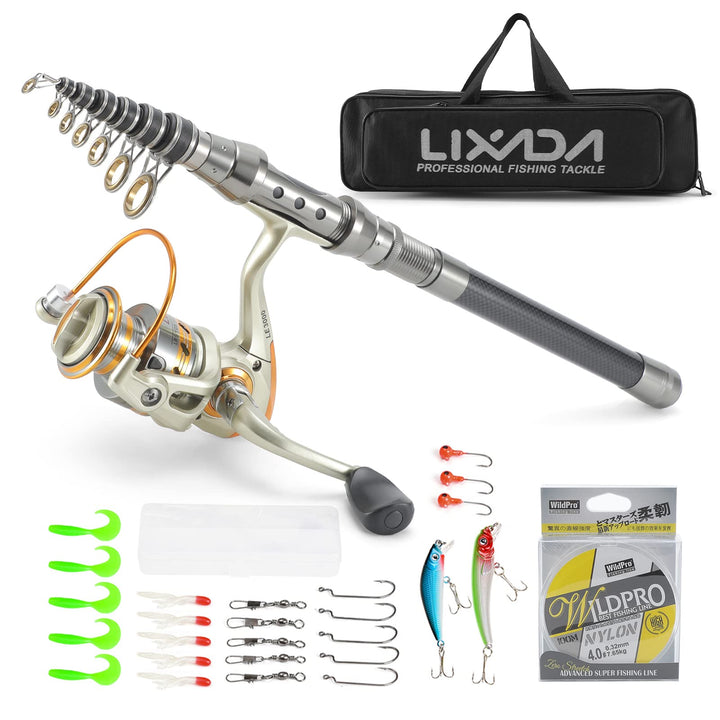 Lixada Teleskop Angelrute und Spule Combo Kit mit 100M Angelschnur Köder Haken Jigkopf und Fischen T