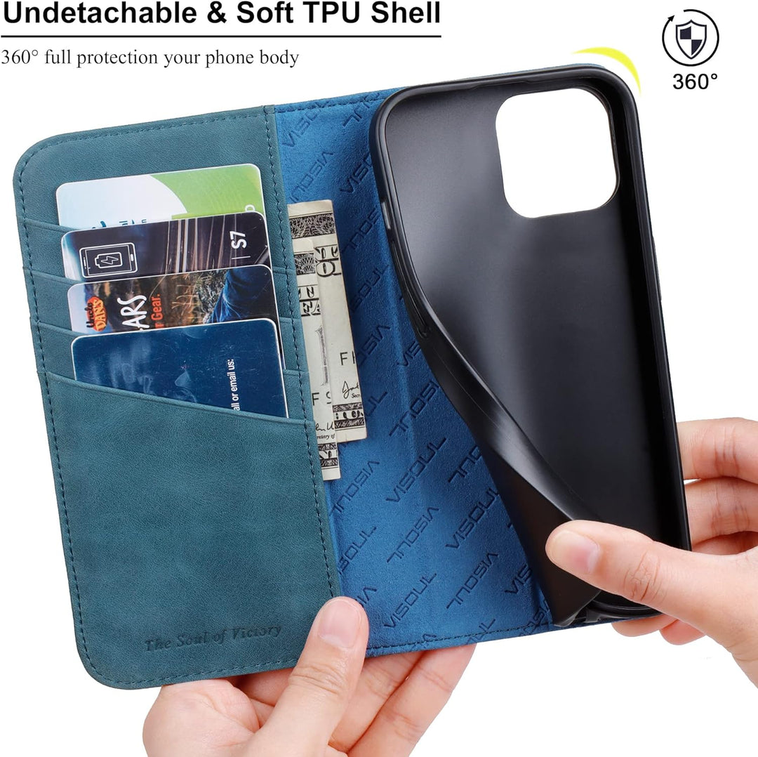 VISOUL iPhone 14 Plus Hülle, Stossfeste Handyhülle [Erstklassiges Rindsleder], TPU Schutzhülle [Kart