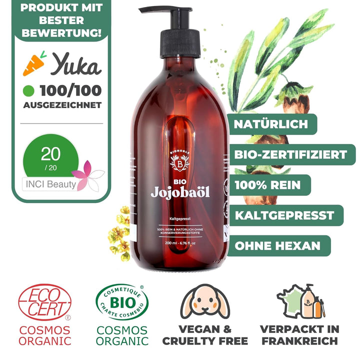 Bionoble Jojobaöl Bio 200ml - 100% Rein, Natürlich und Kaltgepresst - Gesicht, Körper, Haare, Bart,