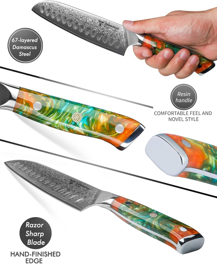 Damastmesser 18 cm Santokumesser - Japanisches Kochmesser - VG 10 Damaskus Stahl Küchenmesser mit Ha