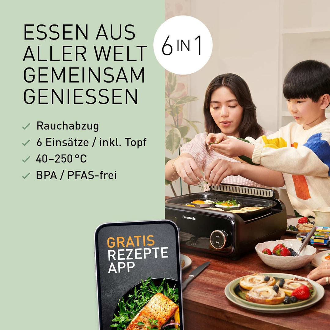 Panasonic NF-GM600 6-in-1 Elektro-Multikocher, Elektro Tischgrill, Plancha, Braten, Slow Cook, BBQ,