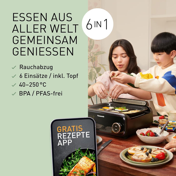 Panasonic NF-GM600 6-in-1 Elektro-Multikocher, Elektro Tischgrill, Plancha, Braten, Slow Cook, BBQ,