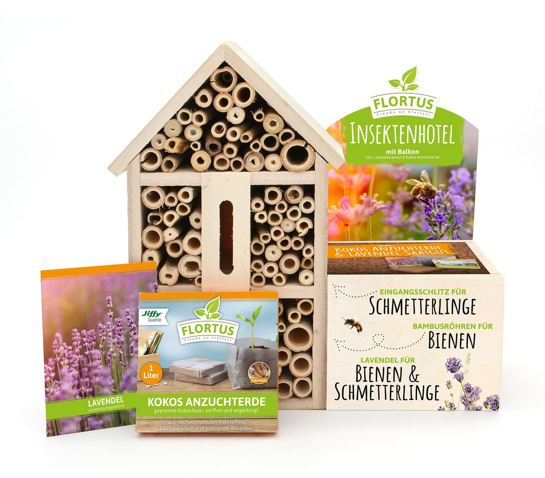 FLORTUS Insektenhotel Lavendel für Bienen &amp; Schmetterlinge | Naturbelasses Insektenhotel gross für G