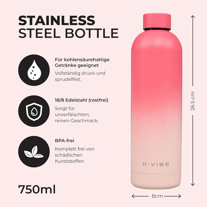 K-VIBE Isolierte Trinkflasche 750 ml – Edelstahl Thermosflasche doppelwandig & kohlensäuregeeignet –