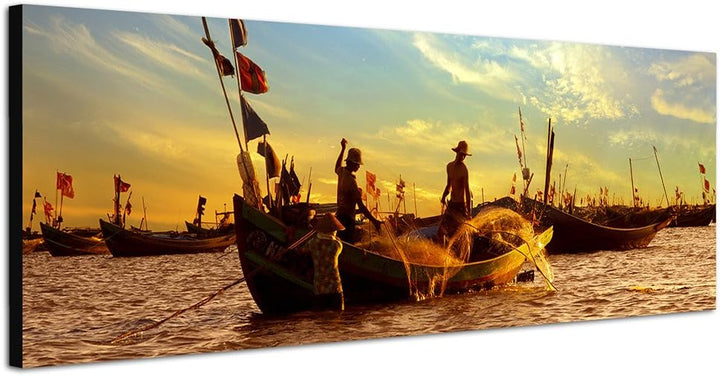 Paul Sinus Art Panoramabild auf Leinwand und Keilrahmen 150x50cm Meer Sonnenaufgang Fischerboote Fis