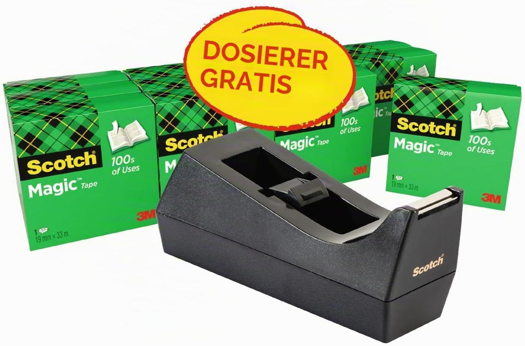 Scotch Schreibtisch-Klebebandabroller, Schwarz + Scotch Magic Unsichtbares Klebeband, 19 mm x 33 m,